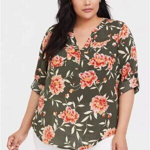 Torrid Size 2 Harper Olive Green Floral Challis Pullover Blouse Top 2X Tropical